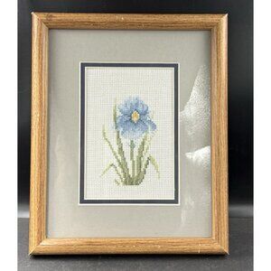 Vintage Cross Stitch Matted And Framed Blue Iris Flower